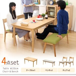 ダイニング4点セット（テーブル+チェア2脚+ベンチ）ナチュラルロータイプ　木製アッシュ材｜Risum-リスム-
