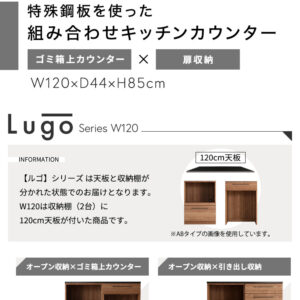 日本製 特殊鋼板を使った組み合わせキッチンカウンター【Lugo-ルゴ-】120cm 扉収納+ゴミ箱上カウンター