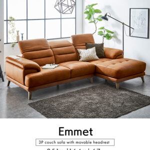 ヘッドレスト可動 3人掛け レザーファブリック カウチソファ【Emmet-エメット-】